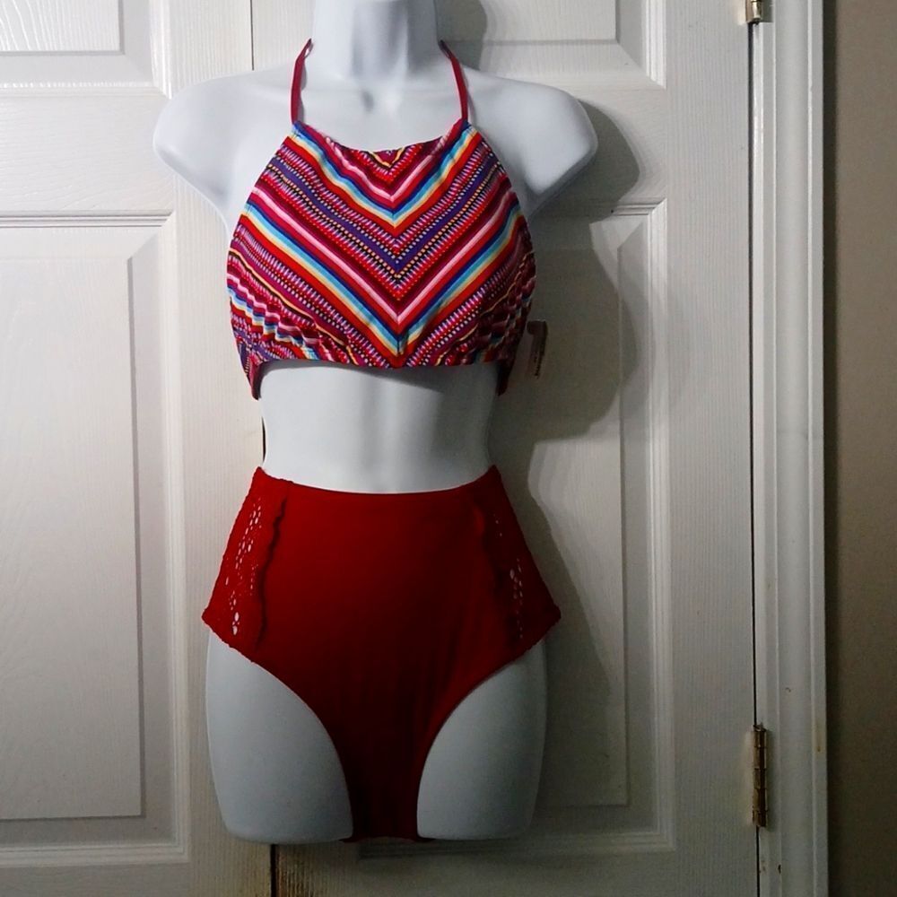 Mossimo 2 pc striped solid maroon bottom bikini bathing suit swimsuit Sz M/L NWT